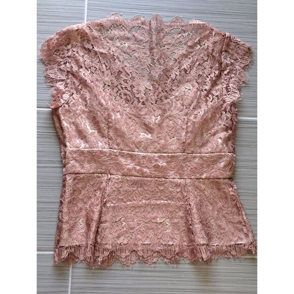 Ann Taylor Petites 6P Pink Rose Lace Peplum Top Cap Sleeves  V-Neck Y2K Romantic - Picture 7 of 8
